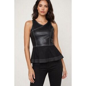 BCBGMAXAZRIA Moto Faux Leather Peplum Top Contrast Stitch Y2K Edgy XXS